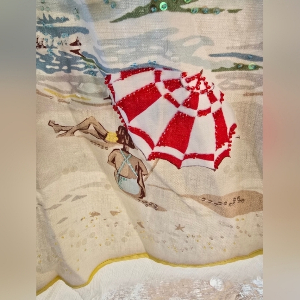 J. CREW Vintage Beach Scene Postcard Print Collectible Ecru Linen Skirt S RARE - Picture 8 of 12